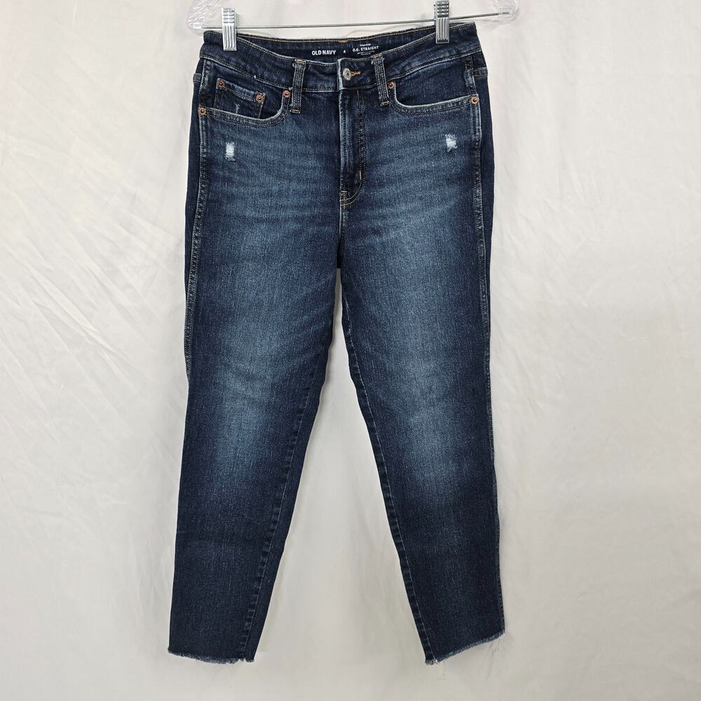 Old Navy O.G. Straight Jeans Women's 4 Blue High Rise Distressed Raw Hem